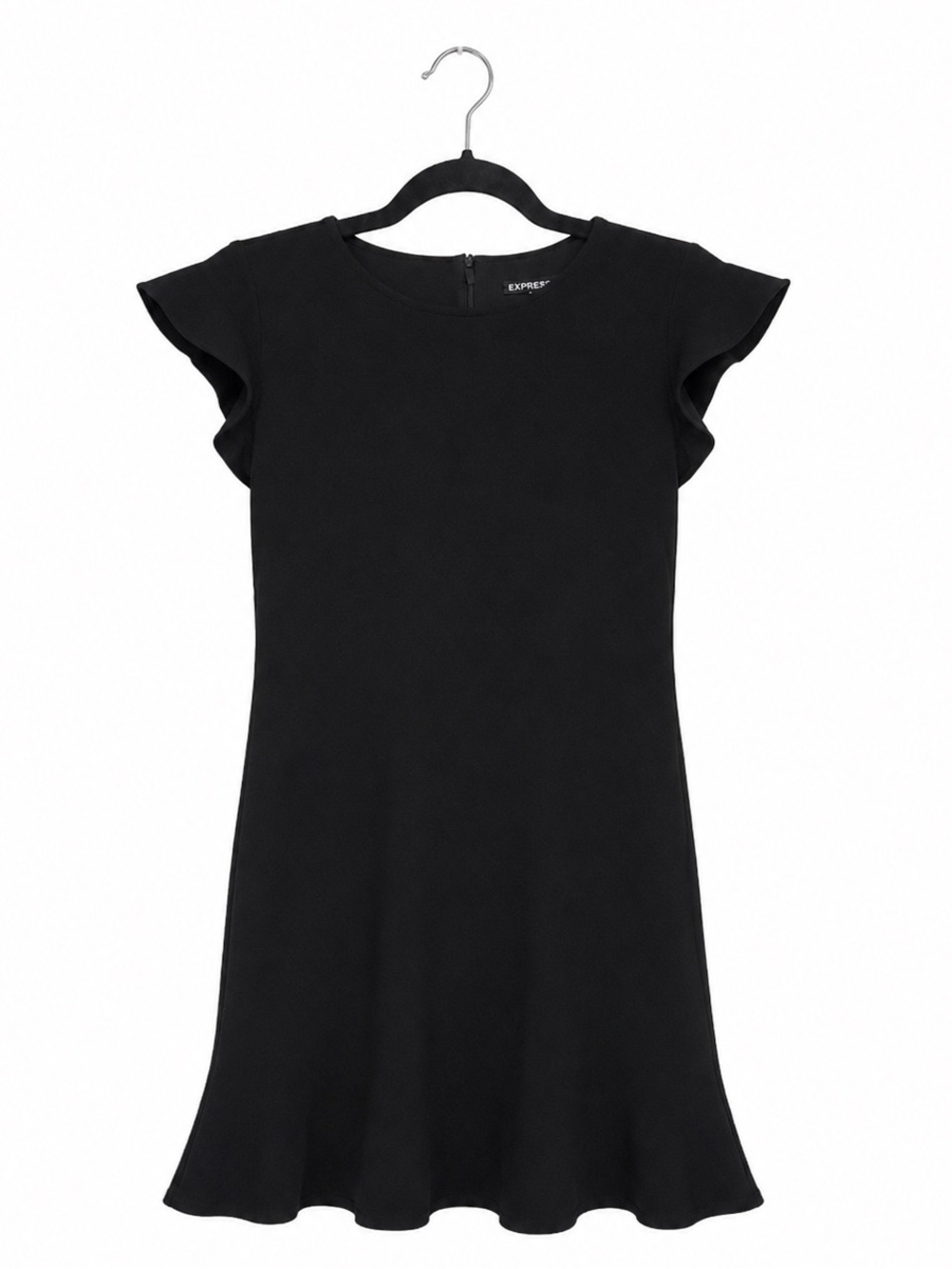 Express Black Fit & Flare Dress Size 2 Flutter Sleeve Mini Cocktail Dress Ruffle - Picture 1 of 2